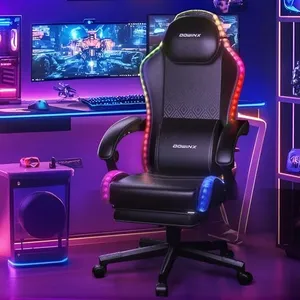 Dowinx Gaming Chair with RGB Lights, LED Gaming Chair with Footrest for Adults, Ergonomic Gaming Chair with Massage Lumbar Support, Video Game Chair PU Leather Black