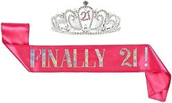 Juvale 21st Birthday Sash and Crown Set for Her, Finally 21 Hot Pink Reflective Sash, Rhinestone Tiara