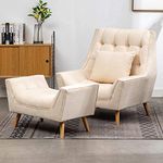 PHIRKCRAFT Solid Wood Wing Chair for Living Room, Arm Chair with Footrest for Bedroom, Velvet Accent Chair with Pouffes,Mango Wood Legs, Beige, Pre-Assembled