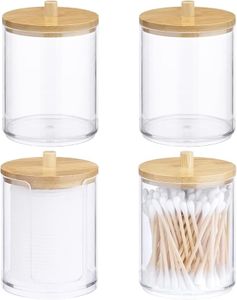 Navaris Cotton Bud and Pad Holder Set (4 Pieces) - Includes 3 Cotton Bud Holders and 1 Cotton Pad Container - Stackable Clear Plastic Jars with Bamboo Lids