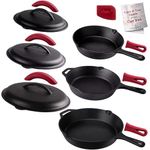 Cuisinel Cast Iron Skillets Set with Lids - 8"+10"+12"-inch Pre-Seasoned Covered Frying Pan Set + Silicone Handle and Lid Holders + Scraper/Cleaner - Indoor/Outdoor, Oven, Stovetop, Fire Safe Cookware