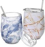 Stainless Steel Insulated Wine Tumblers - THILY 12 oz Cute Travel Stemless Glasses with Sliding Lids and Metal Straws, Keep Hot or Cold for Wine, Coffee, Juice, 2 Pack(Gold Marble + Blue Marble)