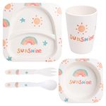 POLKA TOTS Eco Friendly Bamboo Fiber Dinner Set, 5 Pcs Tableware Crockery Set for Weaning Toddler & Self Feeding Baby Utensil Set for Baby Kids (Sunshine)