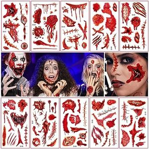 Tatuaggi Temporanei Cicatrici Halloween, 10 Fogli Halloween Zombie Scars Tatuaggi Adesivi, Adesivi per Tatuaggi Cicatrice di Halloween con Falsi Scab Sangue Costume Speciale FX Puntelli di Truc (D)