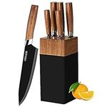 Kitchen Knife Set - 5 Piece Knife Set with Block, Wood Grain Handle, Stainless Steel Knivese with Chef, Bread, Slicer, Utility, Paring Knife for Cutting Meat/Vegetables/Fruit.…