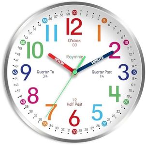 Roymnie Wall Clock for Kids Learning to Tell Time Easily Non Ticking Battery Operated Kids Teaching Clock Silent Colorful Teaching Time Clock Decorative for Kids Room Classroom School (8 Inch)