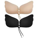 Bafully Invisible Adhesive Strapless Bra 2 Pack Sticky Push Up Silicone Bra with Drawstring for Women (2 Pack (Black & Nude), E)