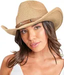 FURTALK Straw Cowboy Sun Hats for Women Men Western Cowgirl Hats with Wind Lanyard UPF 50+ Beach Hat Khaki