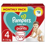 Pampers Baby Nappy Pants Size 4 (9-15 kg/20-33 Lb), Baby-Dry, 172 Nappies, MONTHLY SAVINGS PACK, With A Stop & Protect Pocket To Help Prevent Leaks At The Back