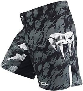 SOTF MMA Boxing Fight Shorts Mens Stretch Sports Training Shorts, Gray With Pocket, M for waist 34-35inch