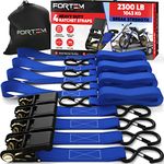 FORTEM Ratchet Tie Down Straps, 4X 4.6m Securing Straps, 4X Soft Loops 1043kg Break Strength, Rubber Coated Metal Handles, Plastic Coated Metal Hooks, Carrying Case (Blue)