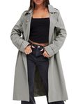 Fisoew Women's Double Breasted Trench Coats Causal Windproof Long Lapel Pocketed Overcoat with Belt, Gray, Small