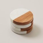 MBSC White Marble+Wood Tea/Coffee/Cocktail Handmade Coaster (Round) Set of 4 pcs for Drinks Hot & Cold, Table Decorative Cocktail Coaster