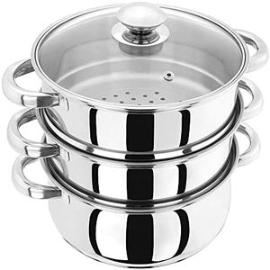 Judge Essential 3-Tier Stainless Steel Steamer - Thermic Based & Vented Glass Lid, Oven-safe Vegetable Steam Cooker with Cool Handles – Energy-Efficient, Induction Ready Healthy Steamer Cooking – 20cm
