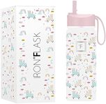 IRON °FLASK Kids Water Bottle - Straw Lid, 20 Name Stickers, Vacuum Insulated Stainless Steel, Double Walled Tumbler Travel Cup, Thermos Mug - Llama Rainbows, 18 Oz