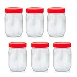 Pack of 6 Round 300ml Plastic Storage Jar With Screw Top Lids Red Airtight Food Storage Containers BPA Free For Kitchen, Herb, Spices, Sweets Clear Canister pots