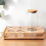 UMAI Glass Jug Set with Bamboo Tray and 4 Water Glasses | Glass Jug with Bamboo Lid - 950ml | 4 Water Glass - 330ml Each |Designer Jugs & Cups Set | Housewarming/Diwali Gift