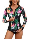 Luranee Rash Guard for Women,Long Sleeve Swimsuit with Front Zipper UV Protection Swimwear for Swimming Diving Snorkeling Surfing Black Floral S