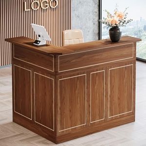 Tribesigns Reception Desk with Storage Shelves, L-Shaped Modern Front Desk, Reception Counter Table for Small Office, Salon, Checkout Office, Red Brown