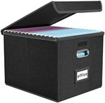 Finew Upgraded Portable File Organiser Box with Lid, Foldable Linen Hanging Filing Storage Boxes with Plastic Slide, Decorative Home/Office Filing System for File and Folders Storage (Black)