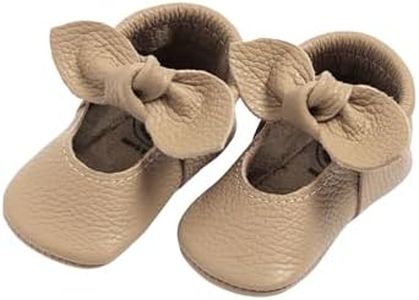Freshly Picked First Pair Knotted Bow Baby Shoes 3-6 Months - Leather Brown Moccasins for Girls (Toast, 1)