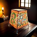 Frizka | Andhra Leather Craft Lamp Shade, Small (6" x 4"/ Set of 1) - Floral (Square) 3 meter wire with bulb holder and socket included - Handpainted Leather Table Lamp: Tholu Bommalata