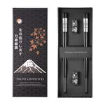 TIICOO Metal Chopsticks Reusable 2 Pairs Titanium Plated 18/8 Stainless Steel Chopsticks with Holder, Dishwasher Safe Non-Slip Korean Japanese Chinese Laser Engraved Chop Sticks Gift Set (Black)