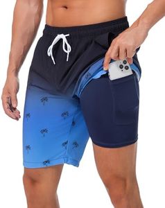 difficort Mens Swim Trunks Quick Dry Bathing Suit 9 inch Inseam Board Shorts with Compression Liner and Zipper Pocket,Coconut Tree,Small