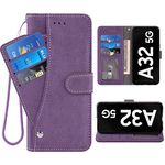 ELISORLI Compatible with Samsung Galaxy A32 5G 6.5 inch Wallet Case Wrist Strap Lanyard Leather Flip Card Holder Stand Folio Purse Cell Accessories Phone Cover for Glaxay A 32 32A S32 G5 A326U-Purple