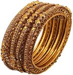 Touchstone "Golden Bangle Collection Ethnic Style Filigree Work Rhinestone Indian Bollywood Designer Jewelry Metal Bangle Bracelets in Antique Gold Tone for Women. Set of 4., S - Circ 7.4 in-Indn Size