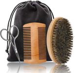 Beard Comb Brush Set with Beauty Trimming Scissors, Wooden Boar Bristle Beard Brush, Anti Static Moustache Pocket Comb, Portable Hair Comb for Combing Beard Hair, Removing Debris, Massages Face (beardbrush 3pcs)