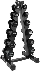 HolaHatha 3, 5, 8, 10, 12, and 15 Pound Neoprene Coated Grip Hexagon Dumbbell Weight Set and Storage Rack Stand for Various Strength Training Workouts