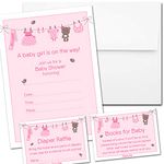 Set of 25 Baby Shower Invitations for Girls with Envelopes, Diaper Raffle Tickets and Baby Shower Book Request Cards