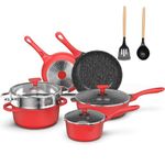 imarku Pots and Pans Set,11PC Kitchen Cookware Set Nonstick, Cooking Pot Pan Set with Stay-Cool Handle,PFOA Free Pans Set with Granite Coating,Red