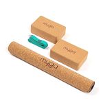 Myga Cork Yoga Starter Set - Cork Yoga Mat, 2 Cork Yoga Blocks and Yoga Strap - Starter Kit with Mat, 2 Bricks & Metal D Ring Belt for Hot Yoga, Pilates & Fitness - Home Studio Gift - Turquoise