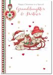 doodlecards Granddaughter & Partner Christmas Card Two Cute Bears on Sled Medium Size with Plain Envelope