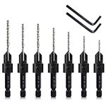 Countersink Drill Bit Set, 7-Piece Woodworking M2 Counterbore Taper Bits for #4, 6, 8, 10, 12, 14 Screws, 82-Degree Chamfer, ¼” Hex Shank, 2 Allen Wrenches, HSS Drill Bits Detachable Depth Adjustable