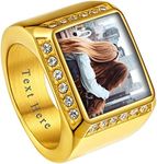 ChainsHouse Gold Personalized Cubic Zirconia Signet Ring Engraving Picture Custom Photo for Men Women Memorial Stainless Steel Jewelry, Size 13