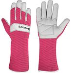 SAWANS Long Gardening Gloves Leather Ladies Men Women Durable Goatskin Garden Gloves Forearm Protection Thorn Proof Gardener Work Spandex Sleeves Rose Pruning Gift (Pink, L)