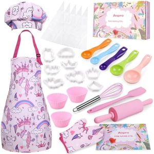 Anpro Complete Kids Cooking and Baking Set - 27 Pcs Includes Aprons for Girls, Chef Hat, Mitt & Utensil to Dress Up Chef Costume Career Role Play for 8-12 Years Girls