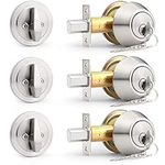 Probrico (3 Pack) Keyed Alike (Combo Packs) Single Cylinder Deadbolts Brushed Nickel, Keyway Keys Handleset, 3 Keys Anti-Theft Interior& Exterior Door Hardware (for Entrance Lock and Front Gate)