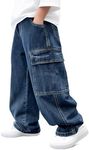 Haloumoning Boys Cargo Jeans Kids Baggy Elastic Waist Wide Leg Denim Pants with Pockets 5-14 Years Blue