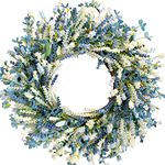 Egolot 24 Inch Summer Spring Blue Ivory Lavender Flower Wreath for Front Door, Rustic and Farmhouse Wild Flowers Wreath for Inside and Outside, Coastal Blue Flower Wreath for Home Decorating