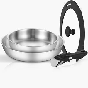 Inqibee Tri-ply Stainless Steel 8.5-12 Inch Sauté Pans with A Lid,Stri-Frying Pan Set,Skillets,Induction Pans for Home & RV Camping,Detachable Handle.