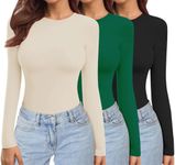 Ekouaer Womens 3 Pack Long Sleeve Tops Crew Neck Shirts Thermal Tops Set Stretch Fitted Underscrubs Layer Tee Black + Green + Beige XL