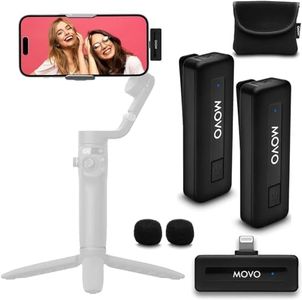 Movo Wireless Mini DI Duo Wireless Microphone for iPhone - iPhone Microphone for Video Recording with Clip on Lavalier Microphone for iPhone 10 HR Battery 164FT Range, Wireless Mic for iPhone