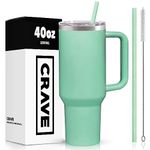 Crave Cups 40oz Tumbler With Handle And Straw l Insulated Stainless Steel Double Wall Spill Proof Water Bottle Travel Mug l Cupholder Friendly Vacuum Sealed Tumblers With Lid (Seafoam)