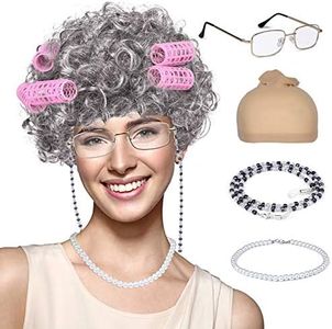 FAYBOX Old Lady Wig Costume for Women,100 Days of School Costume,Grandma Granny Costume Wig