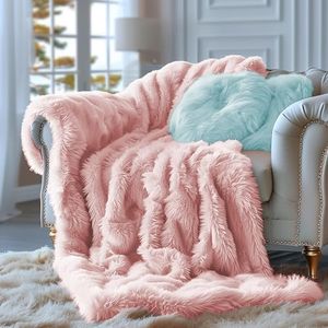 Hyde Lane Blush Pink Throw Blanket for Couch Sofa, Reversible Ultra Soft Faux Fur Fluffy Fuzzy Throw Blankets - 50x60 Rose Gold