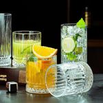 Manraj Tall Highball Glasses Set of 6, Textured Design Glassware for Drinking Water, Beer, or Soda, Trendy and Elegant Dishware, Dishwasher Safe (Hiball) (255 ml) (Short)